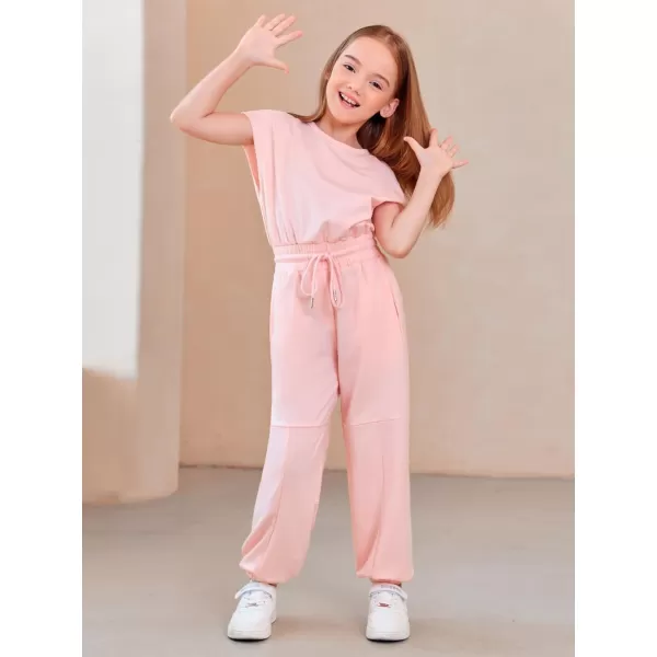 Haloumoning Girls Jumpsuits Kids Fashion Crewneck Elastic Waist Long Pants Rompers with Pockets 5-14 Years