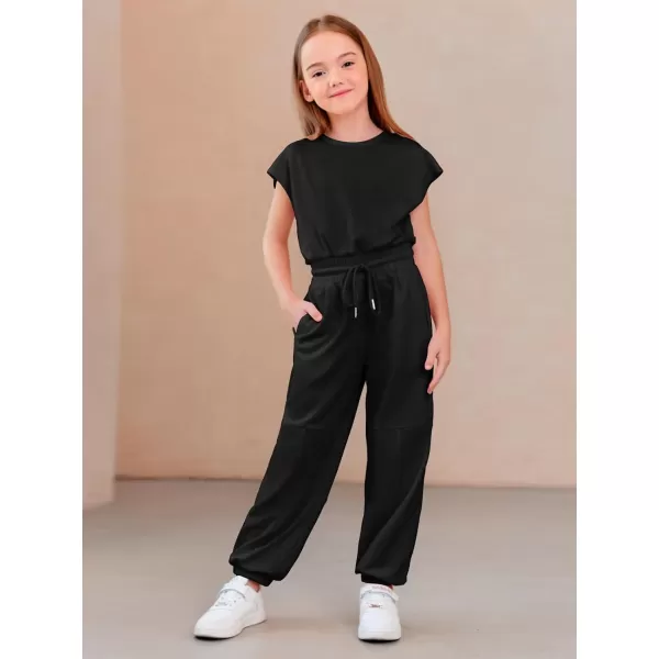 Haloumoning Girls Jumpsuits Kids Fashion Crewneck Elastic Waist Long Pants Rompers with Pockets 5-14 Years