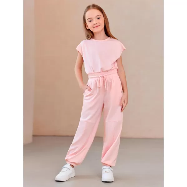 Haloumoning Girls Jumpsuits Kids Fashion Crewneck Elastic Waist Long Pants Rompers with Pockets 5-14 Years