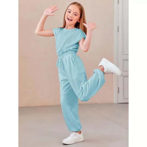Haloumoning Girls Jumpsuits Kids Fashion Crewneck Elastic Waist Long Pants Rompers with Pockets 5-14 Years