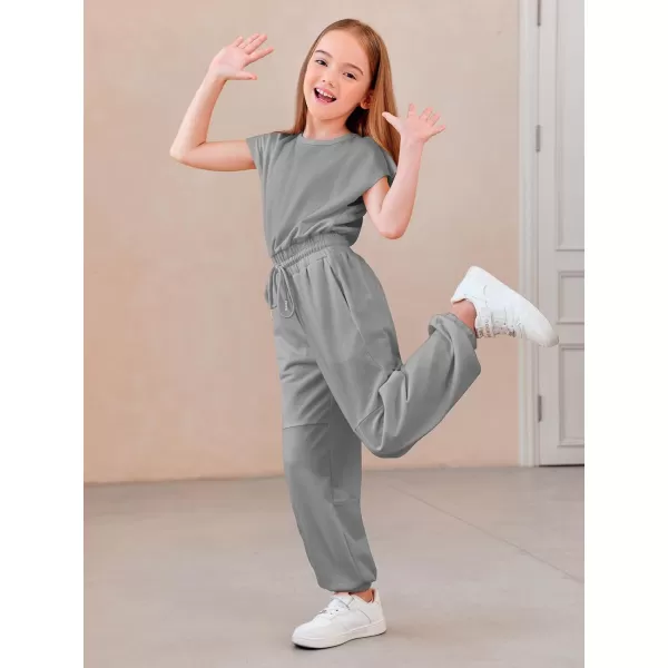 Haloumoning Girls Jumpsuits Kids Fashion Crewneck Elastic Waist Long Pants Rompers with Pockets 5-14 Years