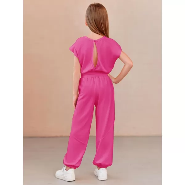 Haloumoning Girls Jumpsuits Kids Fashion Crewneck Elastic Waist Long Pants Rompers with Pockets 5-14 Years
