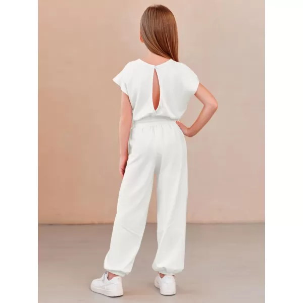 Haloumoning Girls Jumpsuits Kids Fashion Crewneck Elastic Waist Long Pants Rompers with Pockets 5-14 Years