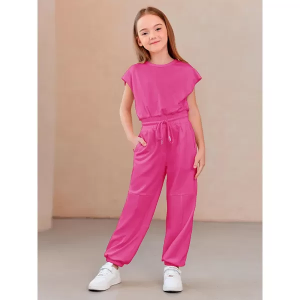 Haloumoning Girls Jumpsuits Kids Fashion Crewneck Elastic Waist Long Pants Rompers with Pockets 5-14 Years