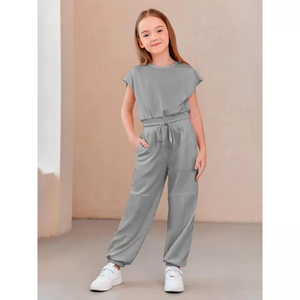 Haloumoning Girls Jumpsuits Kids Fashion Crewneck Elastic Waist Long Pants Rompers with Pockets 5-14 Years