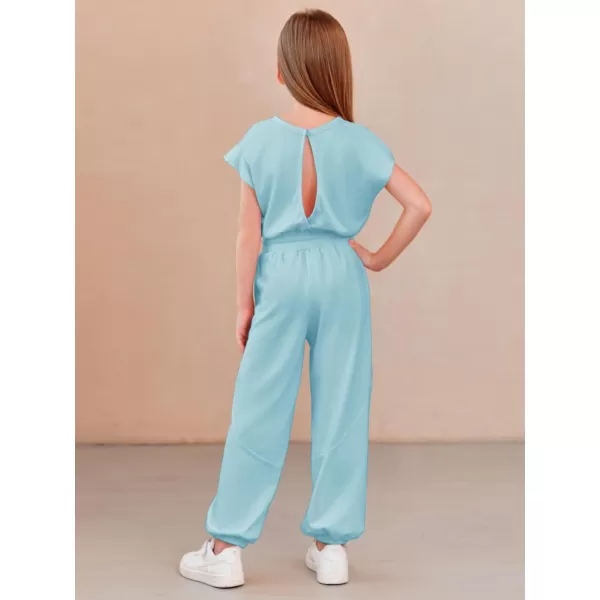 Haloumoning Girls Jumpsuits Kids Fashion Crewneck Elastic Waist Long Pants Rompers with Pockets 5-14 Years