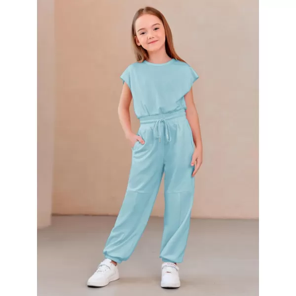 Haloumoning Girls Jumpsuits Kids Fashion Crewneck Elastic Waist Long Pants Rompers with Pockets 5-14 Years