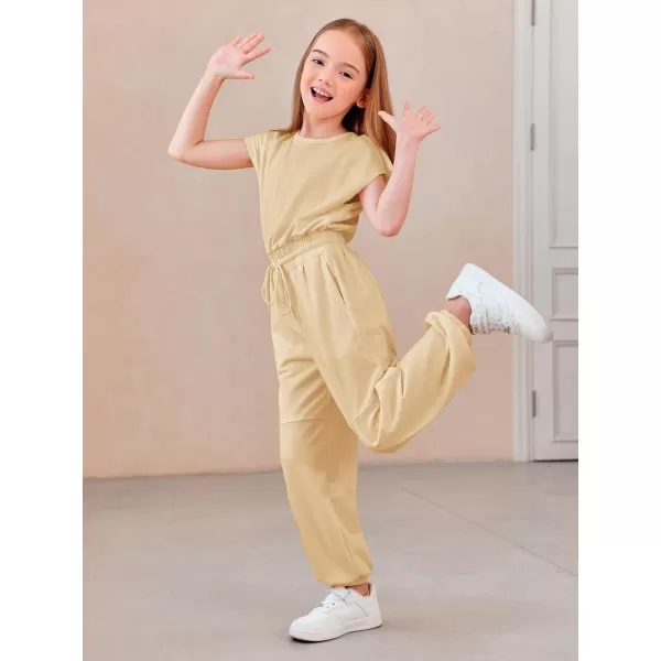 Haloumoning Girls Jumpsuits Kids Fashion Crewneck Elastic Waist Long Pants Rompers with Pockets 5-14 Years