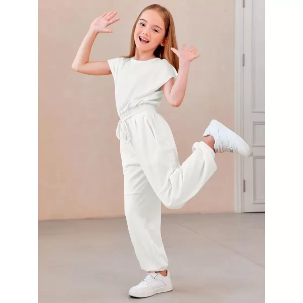 Haloumoning Girls Jumpsuits Kids Fashion Crewneck Elastic Waist Long Pants Rompers with Pockets 5-14 Years
