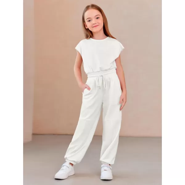 Haloumoning Girls Jumpsuits Kids Fashion Crewneck Elastic Waist Long Pants Rompers with Pockets 5-14 Years