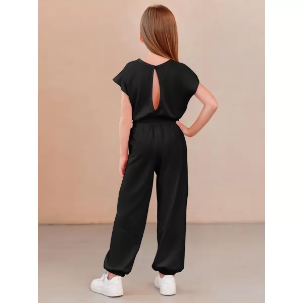 Haloumoning Girls Jumpsuits Kids Fashion Crewneck Elastic Waist Long Pants Rompers with Pockets 5-14 Years