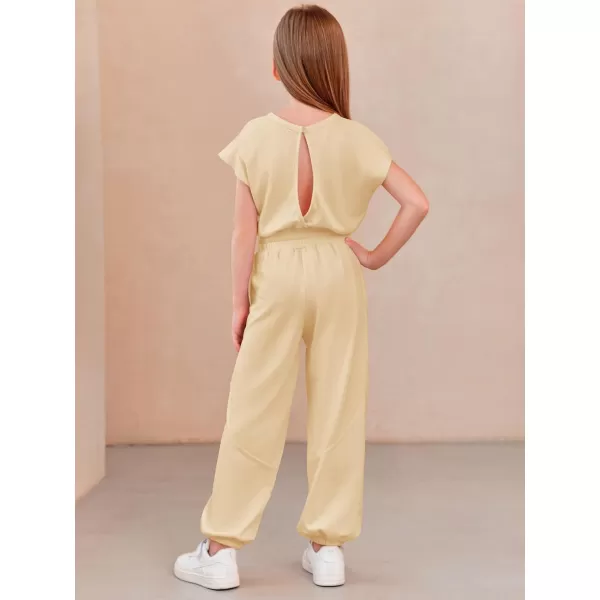 Haloumoning Girls Jumpsuits Kids Fashion Crewneck Elastic Waist Long Pants Rompers with Pockets 5-14 Years