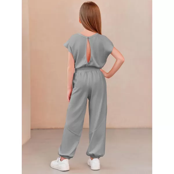 Haloumoning Girls Jumpsuits Kids Fashion Crewneck Elastic Waist Long Pants Rompers with Pockets 5-14 Years