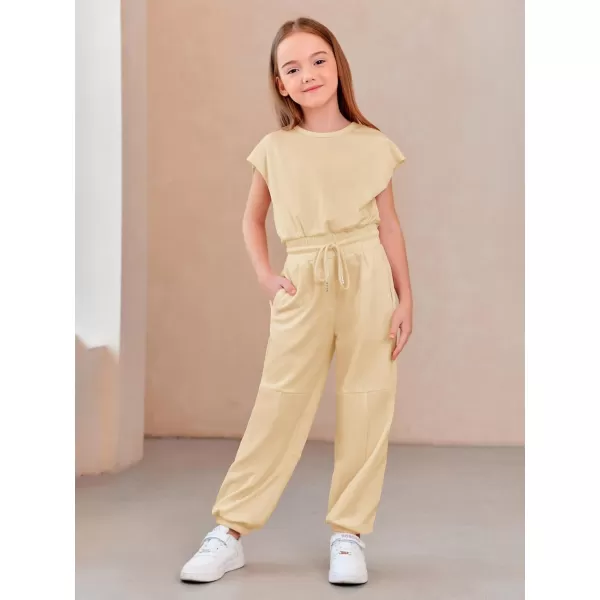 Haloumoning Girls Jumpsuits Kids Fashion Crewneck Elastic Waist Long Pants Rompers with Pockets 5-14 Years