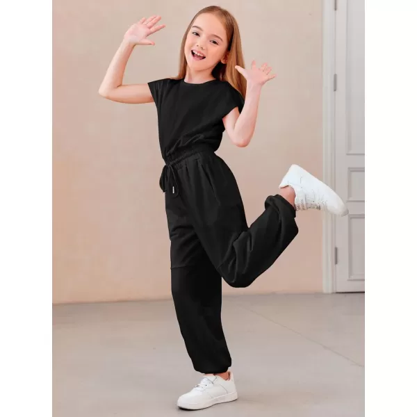 Haloumoning Girls Jumpsuits Kids Fashion Crewneck Elastic Waist Long Pants Rompers with Pockets 5-14 Years