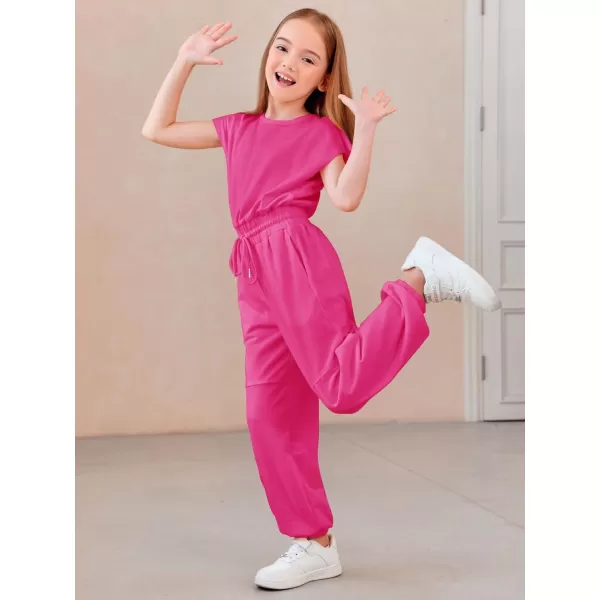 Haloumoning Girls Jumpsuits Kids Fashion Crewneck Elastic Waist Long Pants Rompers with Pockets 5-14 Years