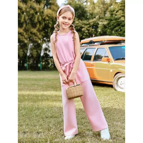 Haloumoning Girl's Jumpsuits Sleeveless Round Neck Wide Leg One Piece Rompers Little Kid Big Kids