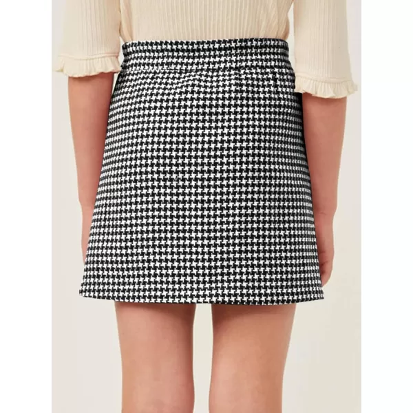Haloumoning Girls Mini Skirts Kids Front Pocket Button Houndstooth Skirt Fashion Clothes 5-14 Years