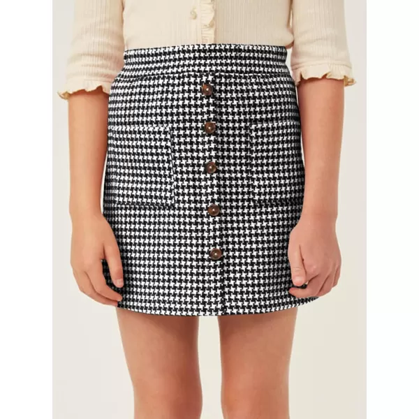 Haloumoning Girls Mini Skirts Kids Front Pocket Button Houndstooth Skirt Fashion Clothes 5-14 Years