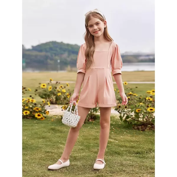Haloumoning Girls Rompers Short Puff Sleeve Wide Leg Jumpsuits Summer Casual Square Neck Backless Cute Outfits 5-14 Years