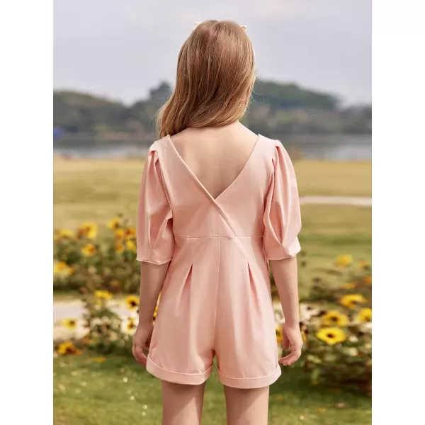 Haloumoning Girls Rompers Short Puff Sleeve Wide Leg Jumpsuits Summer Casual Square Neck Backless Cute Outfits 5-14 Years
