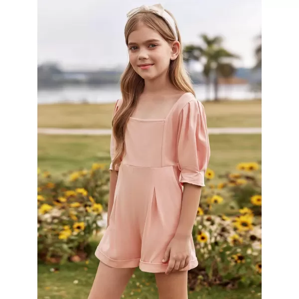 Haloumoning Girls Rompers Short Puff Sleeve Wide Leg Jumpsuits Summer Casual Square Neck Backless Cute Outfits 5-14 Years