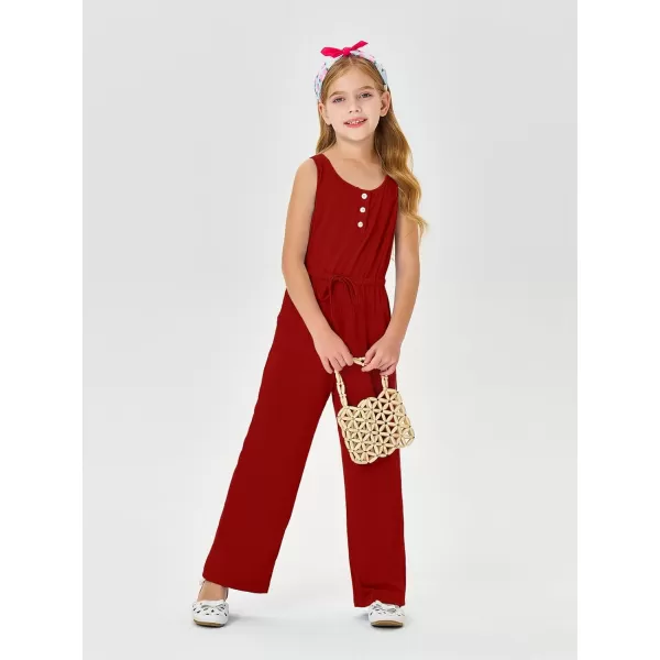 Haloumoning Girls Sleeveless Jumpsuits Kids Casual Wide Leg Pants Rompers with Pockets 5-14 Years