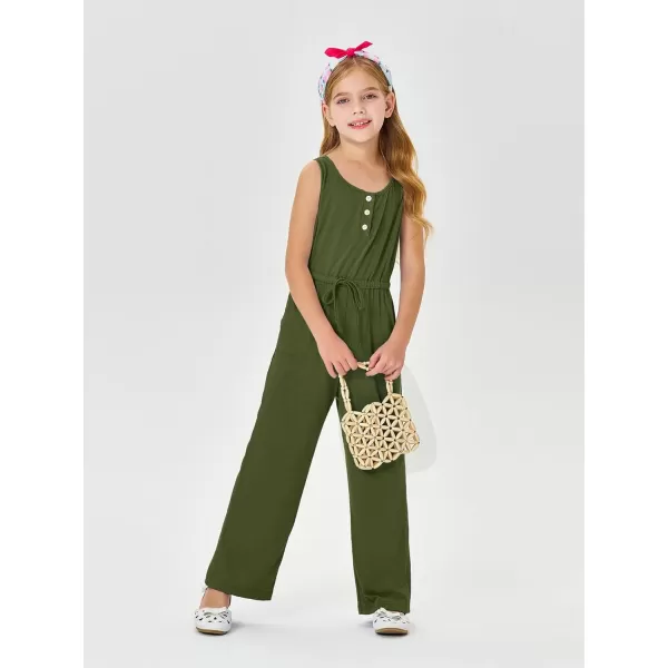 Haloumoning Girls Sleeveless Jumpsuits Kids Casual Wide Leg Pants Rompers with Pockets 5-14 Years