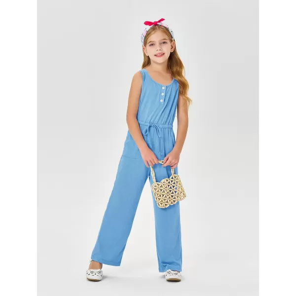 Haloumoning Girls Sleeveless Jumpsuits Kids Casual Wide Leg Pants Rompers with Pockets 5-14 Years