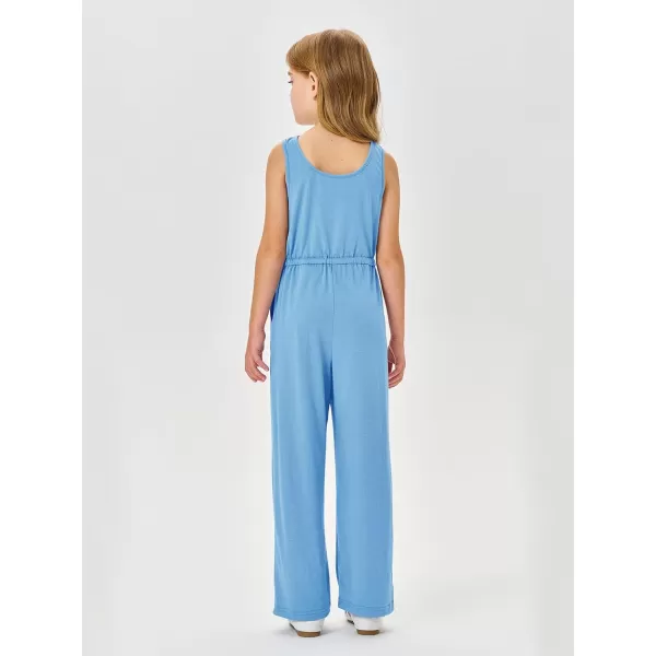 Haloumoning Girls Sleeveless Jumpsuits Kids Casual Wide Leg Pants Rompers with Pockets 5-14 Years