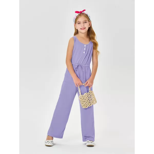 Haloumoning Girls Sleeveless Jumpsuits Kids Casual Wide Leg Pants Rompers with Pockets 5-14 Years