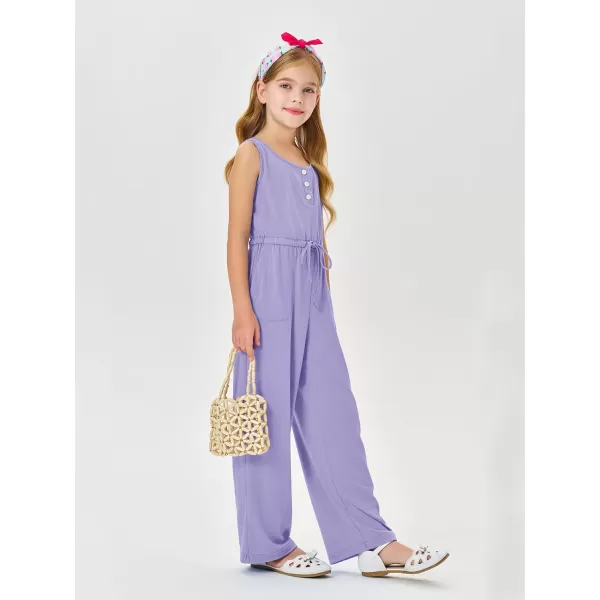 Haloumoning Girls Sleeveless Jumpsuits Kids Casual Wide Leg Pants Rompers with Pockets 5-14 Years