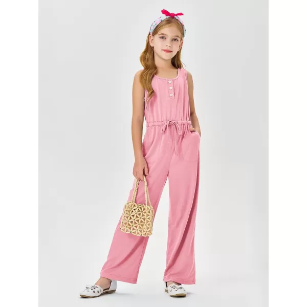 Haloumoning Girls Sleeveless Jumpsuits Kids Casual Wide Leg Pants Rompers with Pockets 5-14 Years