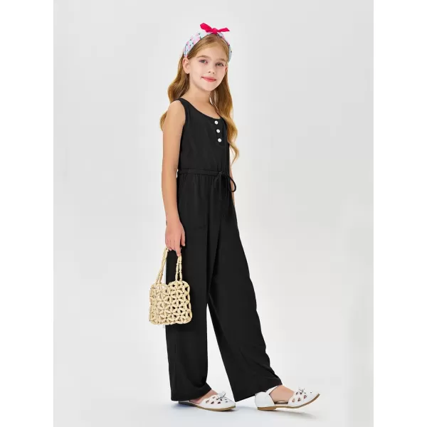 Haloumoning Girls Sleeveless Jumpsuits Kids Casual Wide Leg Pants Rompers with Pockets 5-14 Years