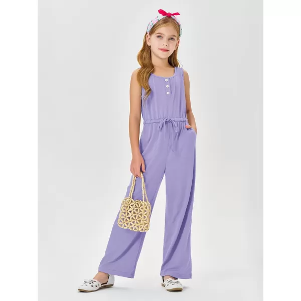 Haloumoning Girls Sleeveless Jumpsuits Kids Casual Wide Leg Pants Rompers with Pockets 5-14 Years