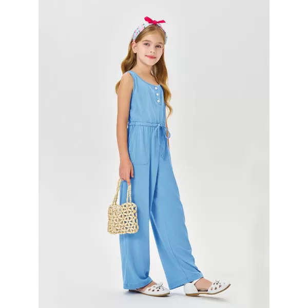 Haloumoning Girls Sleeveless Jumpsuits Kids Casual Wide Leg Pants Rompers with Pockets 5-14 Years