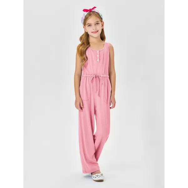 Haloumoning Girls Sleeveless Jumpsuits Kids Casual Wide Leg Pants Rompers with Pockets 5-14 Years