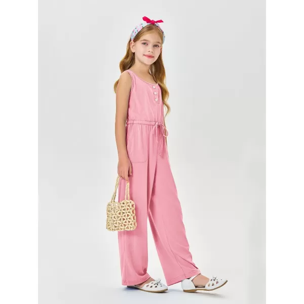 Haloumoning Girls Sleeveless Jumpsuits Kids Casual Wide Leg Pants Rompers with Pockets 5-14 Years