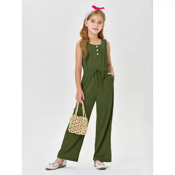 Haloumoning Girls Sleeveless Jumpsuits Kids Casual Wide Leg Pants Rompers with Pockets 5-14 Years