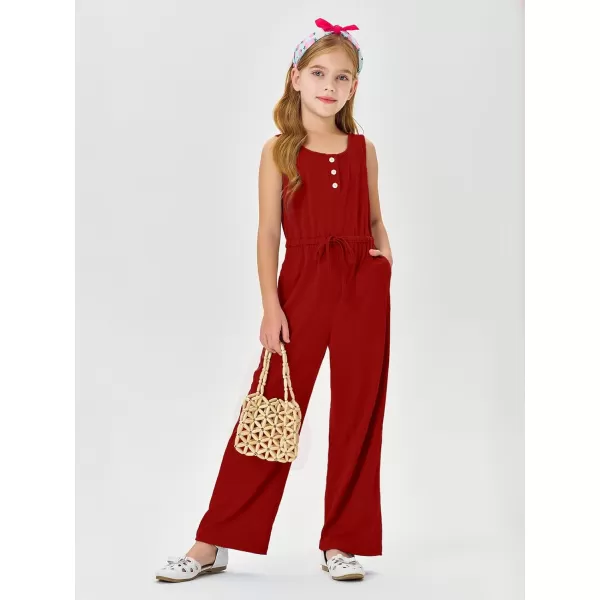 Haloumoning Girls Sleeveless Jumpsuits Kids Casual Wide Leg Pants Rompers with Pockets 5-14 Years