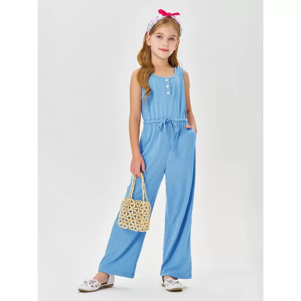 Haloumoning Girls Sleeveless Jumpsuits Kids Casual Wide Leg Pants Rompers with Pockets 5-14 Years
