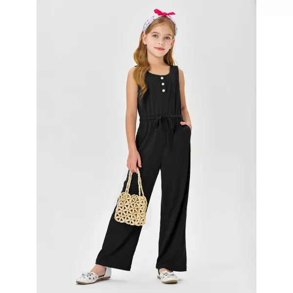 Haloumoning Girls Sleeveless Jumpsuits Kids Casual Wide Leg Pants Rompers with Pockets 5-14 Years
