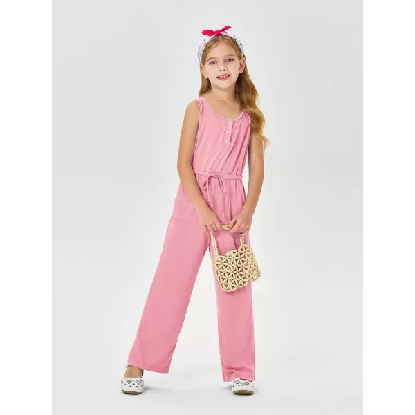 Haloumoning Girls Sleeveless Jumpsuits Kids Casual Wide Leg Pants Rompers with Pockets 5-14 Years