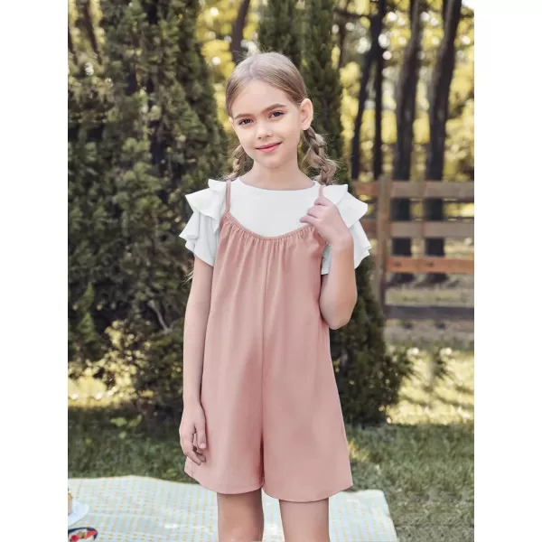 Haloumoning Girls Sleeveless Romper Kids Summer Casual Spaghetti Strap Short Jumpsuit with Pockets 5-14 Years