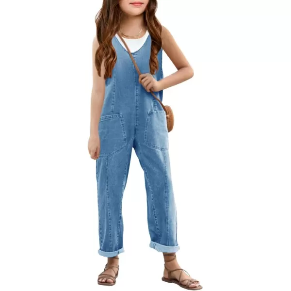 Haloumoning Girls' Denim Overall Jumpsuits Sleeveless V Neck Adjustable Straps Jeans Pants Jumpers with Pockets