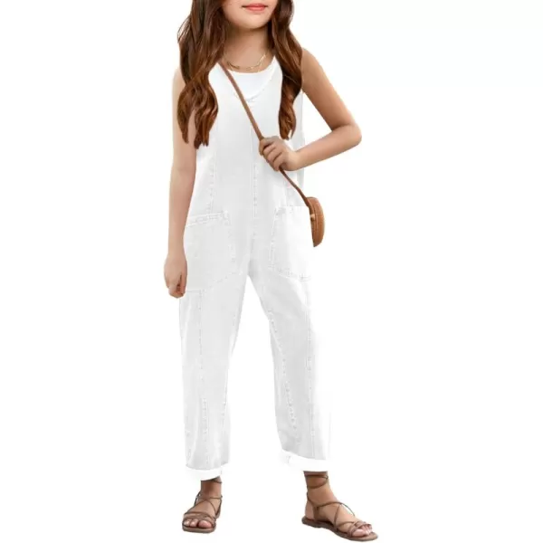 Haloumoning Girls' Denim Overall Jumpsuits Sleeveless V Neck Adjustable Straps Jeans Pants Jumpers with Pockets
