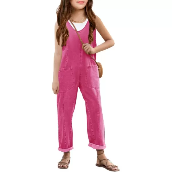 Haloumoning Girls' Denim Overall Jumpsuits Sleeveless V Neck Adjustable Straps Jeans Pants Jumpers with Pockets