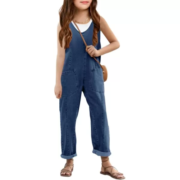 Haloumoning Girls' Denim Overall Jumpsuits Sleeveless V Neck Adjustable Straps Jeans Pants Jumpers with Pockets
