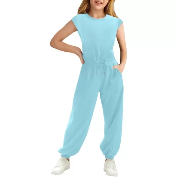 Haloumoning Girls Jumpsuits Kids Fashion Crewneck Elastic Waist Long Pants Rompers with Pockets 5-14 Years