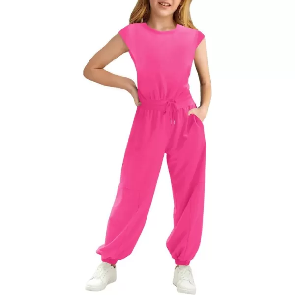 Haloumoning Girls Jumpsuits Kids Fashion Crewneck Elastic Waist Long Pants Rompers with Pockets 5-14 Years